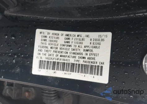 2015 Honda Accord Sport из США, поврежденный, VIN 1HGCR2F54FA196420